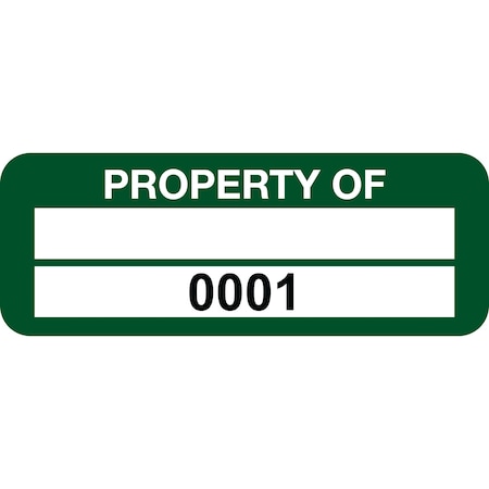 Lustre-Cal Property ID Label PROPERTY OF Polyester Green 2in x 0.75in 1 Blank Pad&Serialized 0001-0100,100PK 253744Pe2G0001